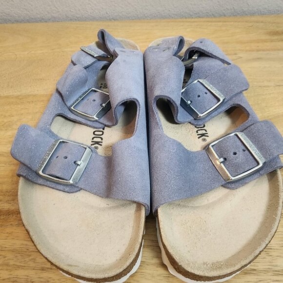 Birkenstock Arizona Sandals Womens Size 6 39 Purple Suede Two Strap Slides - Picture 7 of 11